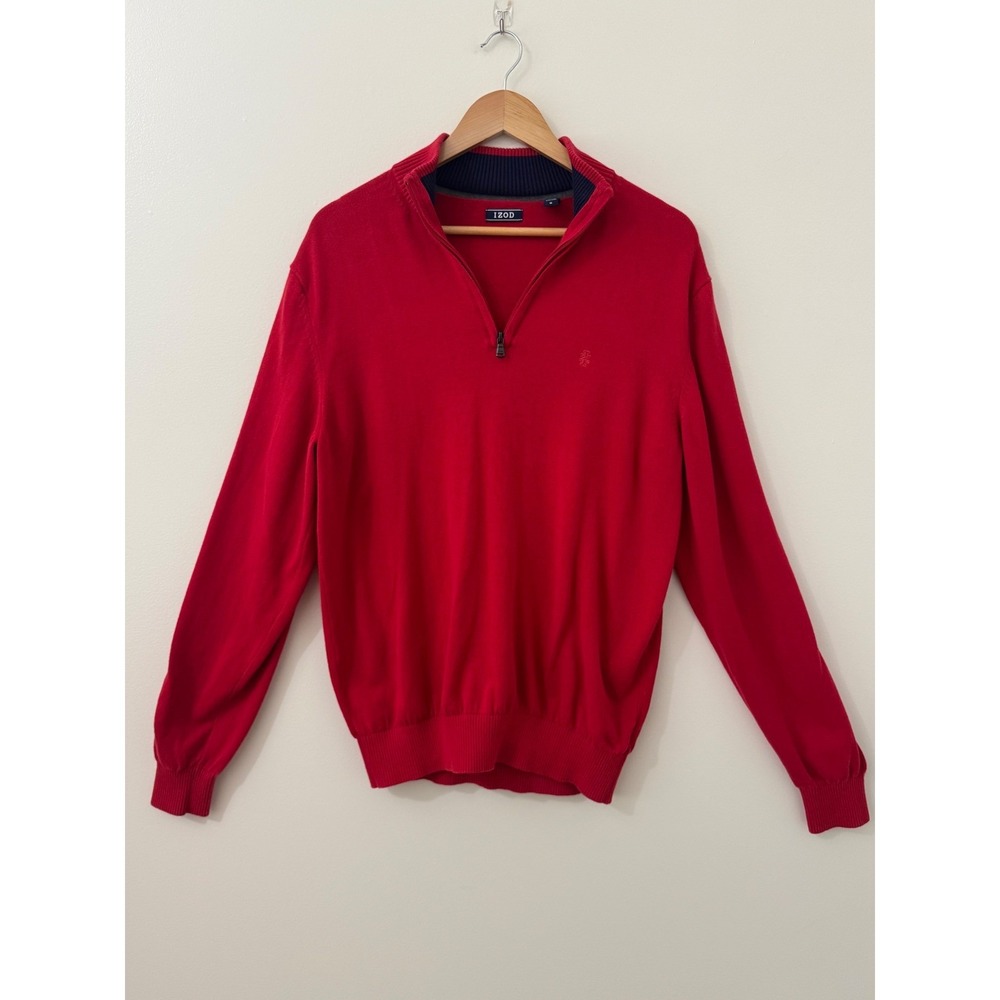 IZOD Red Quarter Zip 100% Cotton Sweater Pullover Mock Neck Men's M Country Club - Picture 3 of 8